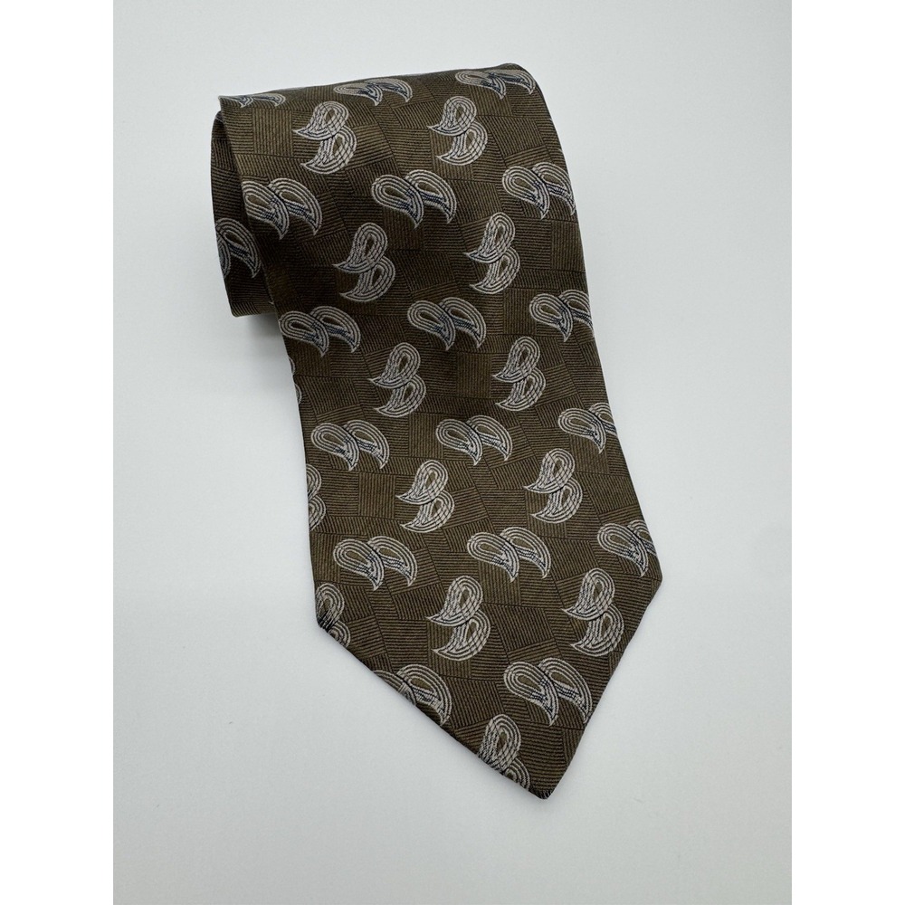 Emporio Armani Silk Tie Brown Paisley Geometric Pattern Made In Italy Luxury Tie